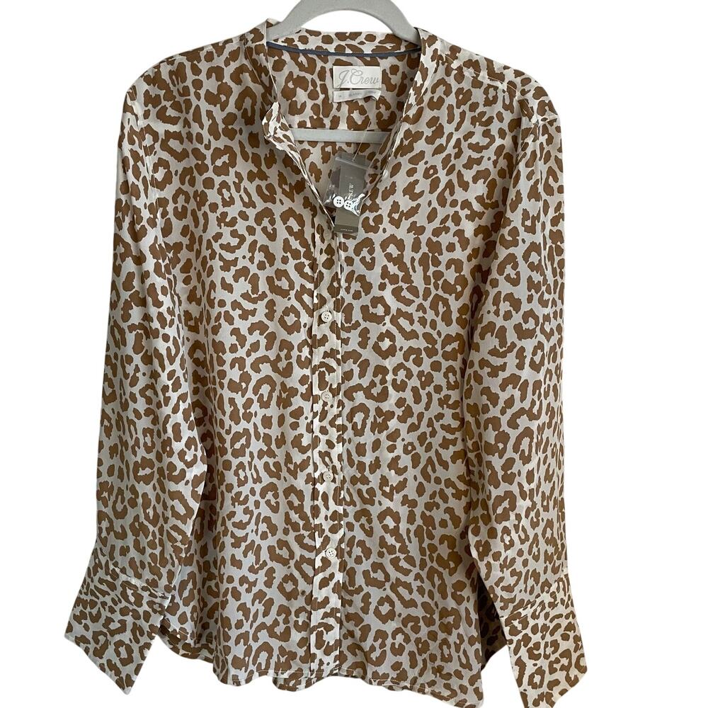 J. Crew NWT Classic Fit Collarless 100% Silk Blouse Sz 14 Leopard Print Chic
